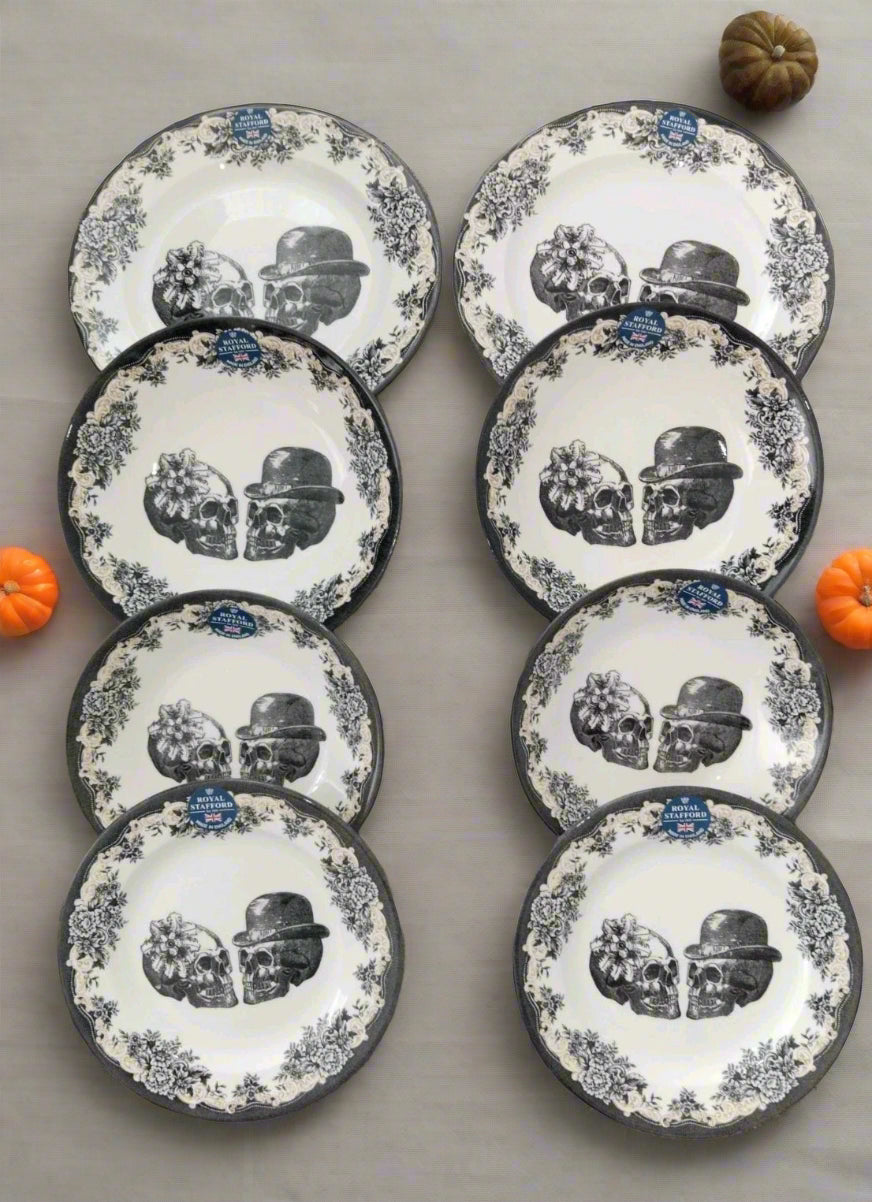 Royal Stafford Skull Halloween Party Set For 2 Includes Plates & Bowls Rare Set - Helsby Vintage