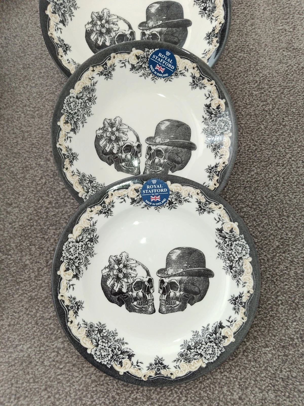 Royal Stafford Skull Halloween Party Set For 2 Includes Plates & Bowls Rare Set - Helsby Vintage