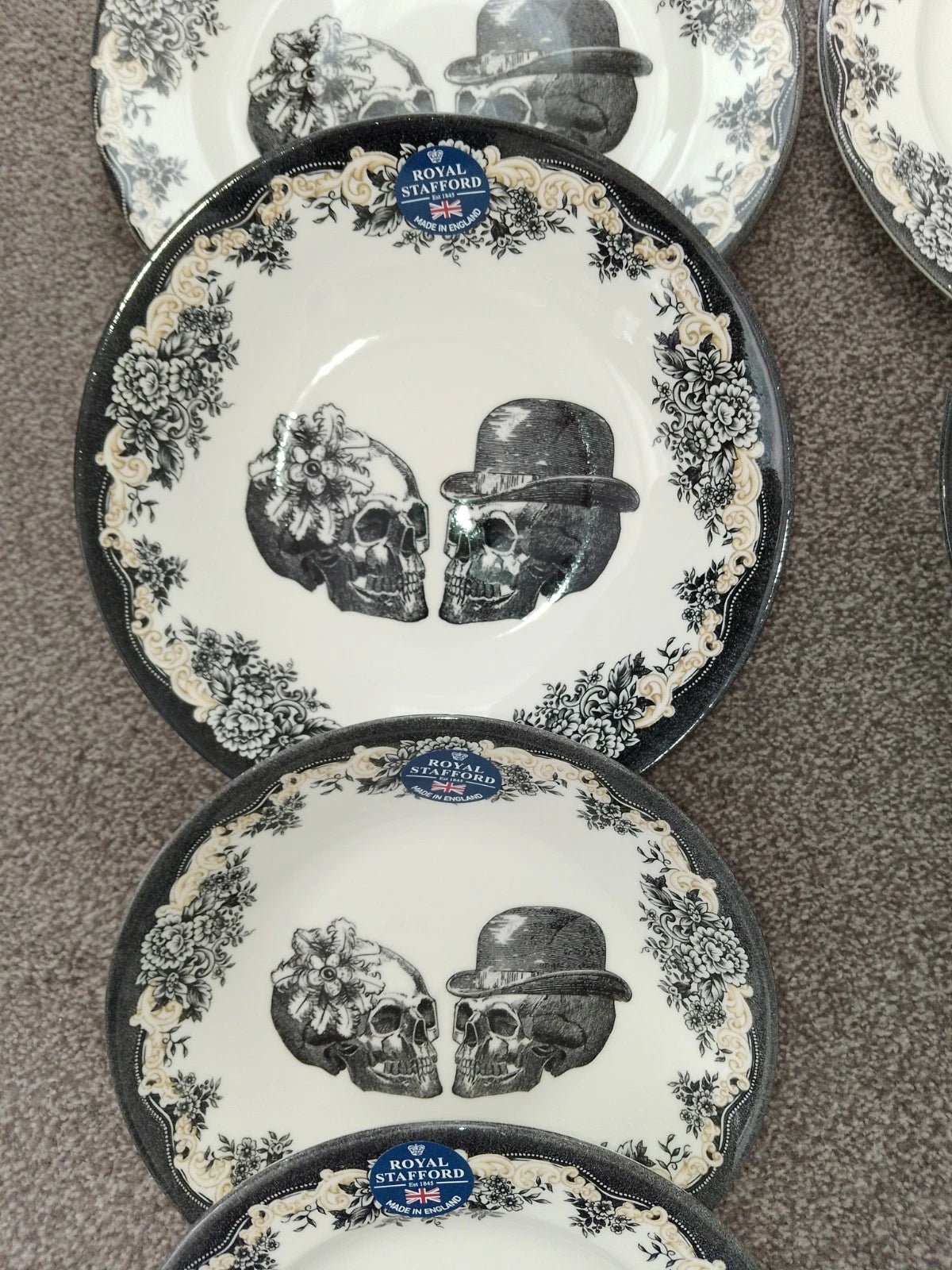 Royal Stafford Skull Halloween Party Set For 2 Includes Plates & Bowls Rare Set - Helsby Vintage