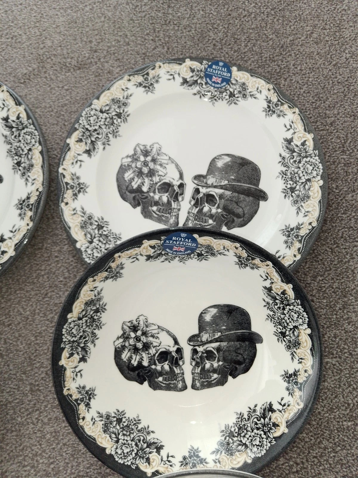 Royal Stafford Skull Halloween Party Set For 2 Includes Plates & Bowls Rare Set - Helsby Vintage
