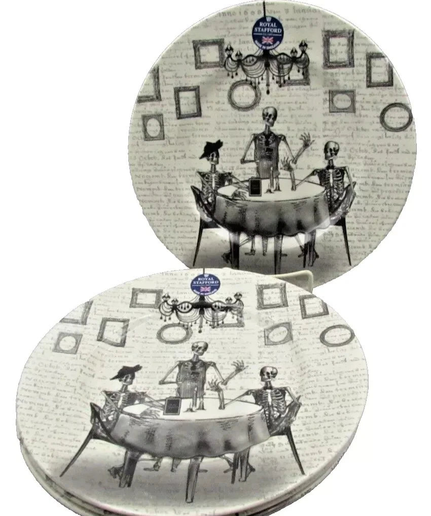 Set Of 6 Royal Stafford Halloween Skeleton Dinner Plates 10.5" RARE New Design - Helsby Vintage