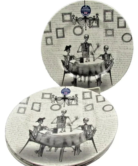 Set Of 6 Royal Stafford Halloween Skeleton Dinner Plates 10.5" RARE New Design - Helsby Vintage