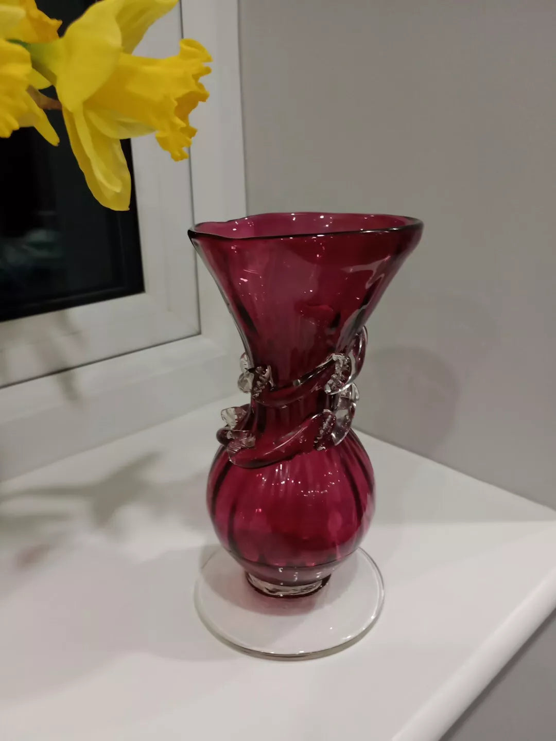 Bohemian Hand Blown Cranberry Glass Vase 20cm Tall Romanian ?