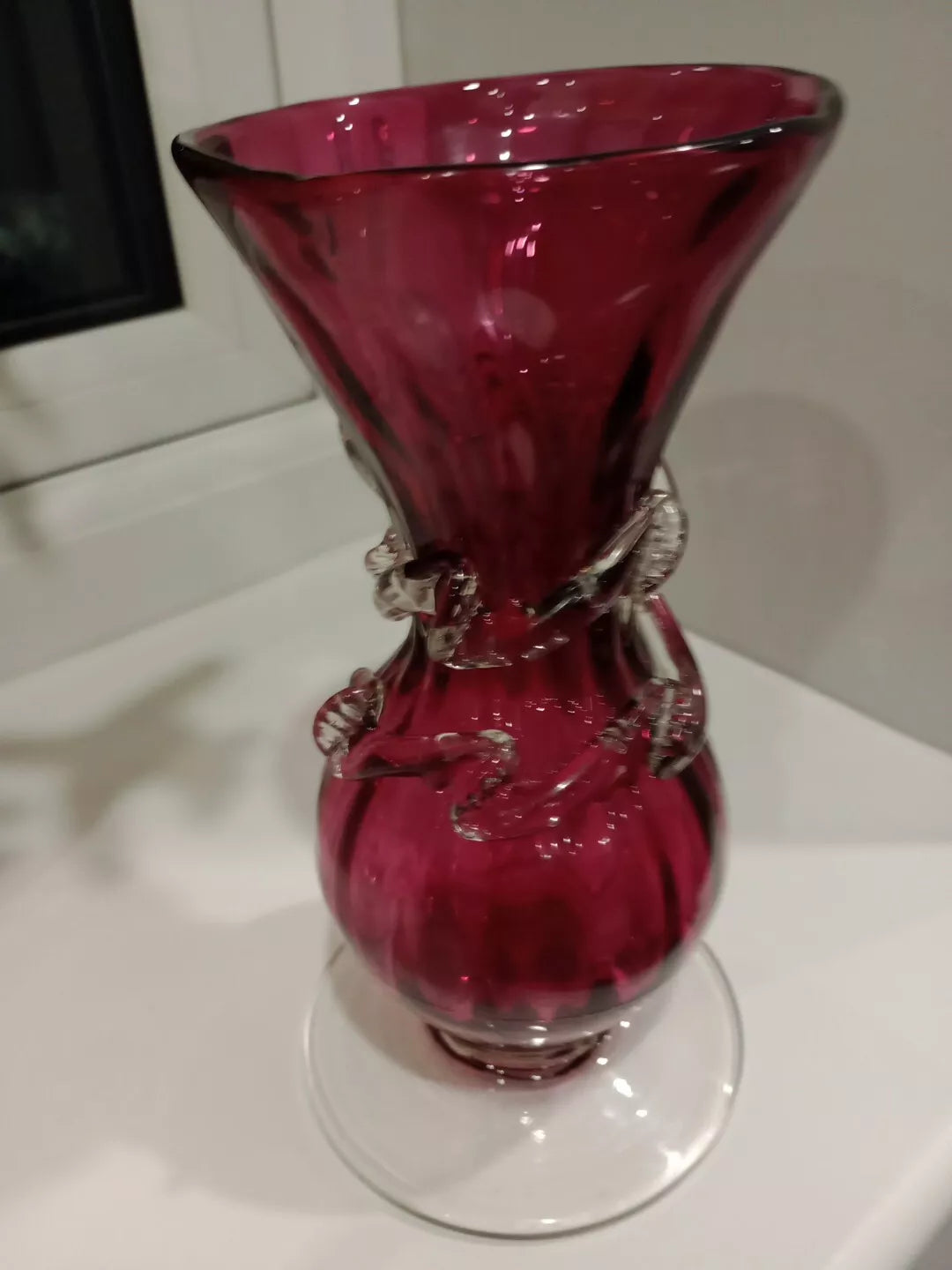 Bohemian Hand Blown Cranberry Glass Vase 20cm Tall Romanian ?
