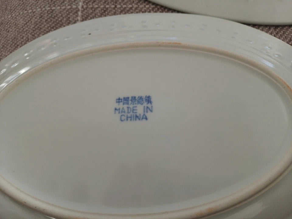 Chinese Jingdezhen Porcelain Blue Chrysanthemum Rice Oval Platters 12" and 2 x 10"