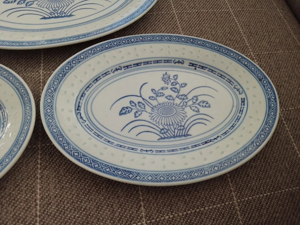 Chinese Jingdezhen Porcelain Blue Chrysanthemum Rice Oval Platters 12" and 2 x 10"