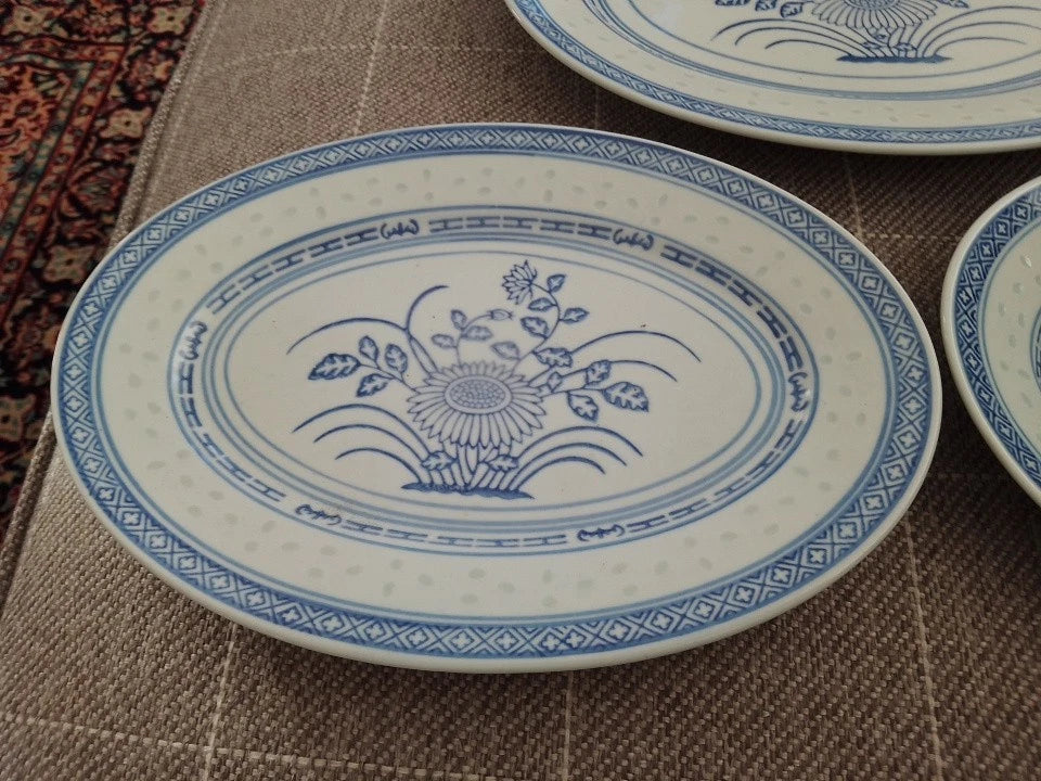 Chinese Jingdezhen Porcelain Blue Chrysanthemum Rice Oval Platters 12" and 2 x 10"