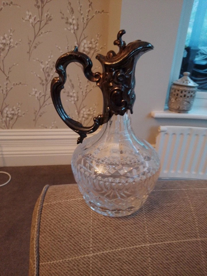 Antique Art Nouveau Crystal Silver-Plated Claret Jug Decanter Topazio