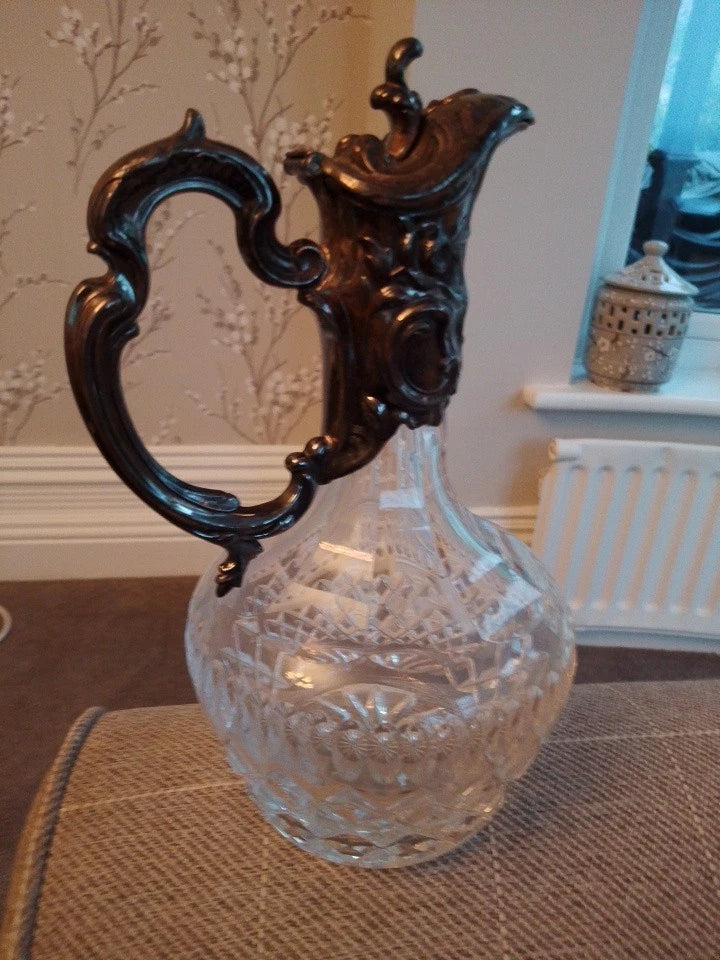 Antique Art Nouveau Crystal Silver-Plated Claret Jug Decanter Topazio