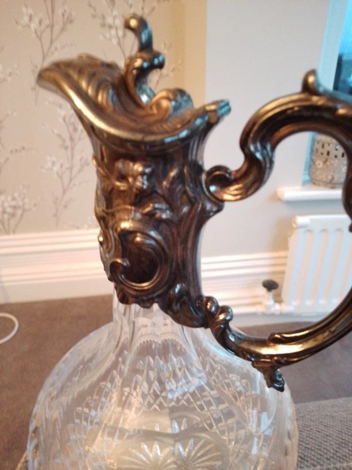 Antique Art Nouveau Crystal Silver-Plated Claret Jug Decanter Topazio