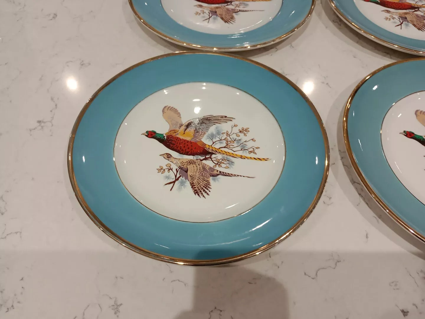 Sheriden Flying Pheasants Blue Teal Edged 8.5" Salad Plates Rare x 4