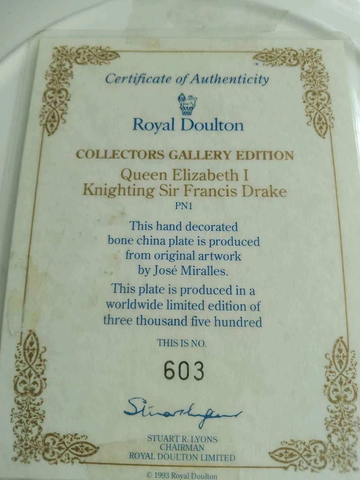 Royal Doulton Elizabeth I Knighting Sir Francis Drake Plate 1993 603/3000 COA