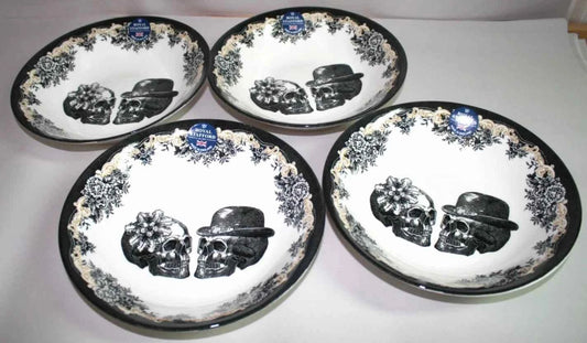 4 x NEW Royal Stafford Halloween Wedding His & Hers Skull Salad Pasta Bowls