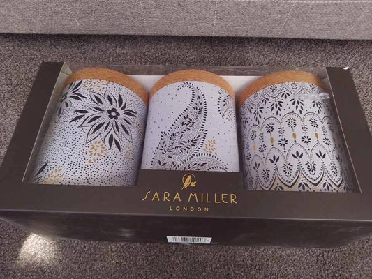 NEW Sara Miller Artisanne Noir Set 3 Tin Caddies with Cork Lids