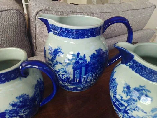 3 x Vintage Victoria Ware Blue and White Ironstone Jugs / Pitchers