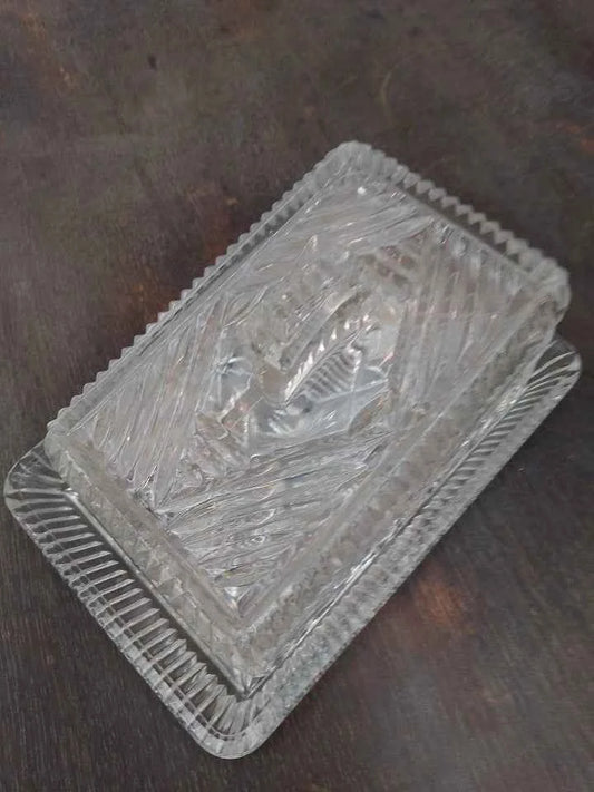 Vintage Crystal Glass Butter Or Cheese Dish With Lid Excellent Condition Large