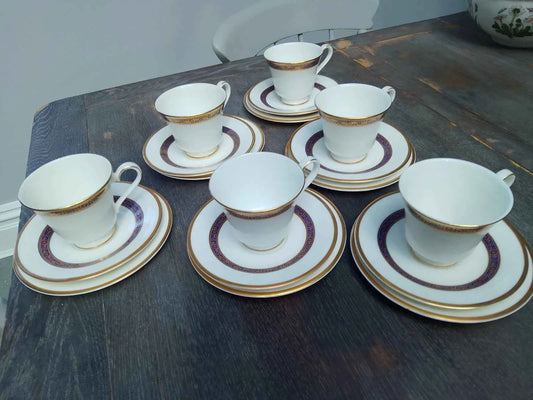 6 x Royal Doulton White / Gold Gilt Harlow Trios (Cups, Saucers, Side Plates )