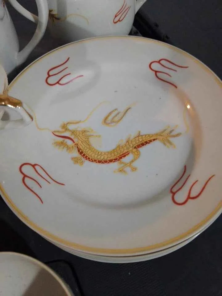 JAPANESE Vintage Geisha Girl Lithophane Eggshell Porcelain Red Dragon Tea Set