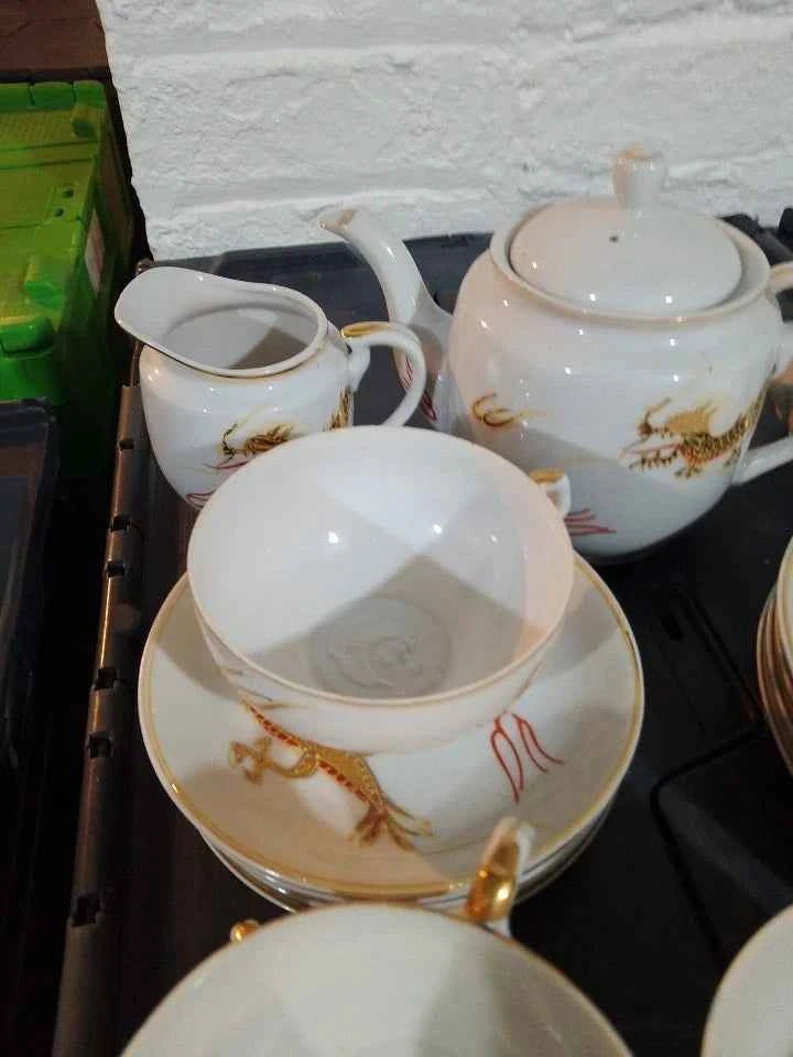 JAPANESE Vintage Geisha Girl Lithophane Eggshell Porcelain Red Dragon Tea Set