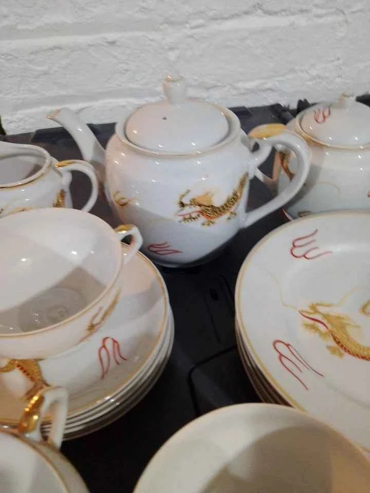 JAPANESE Vintage Geisha Girl Lithophane Eggshell Porcelain Red Dragon Tea Set