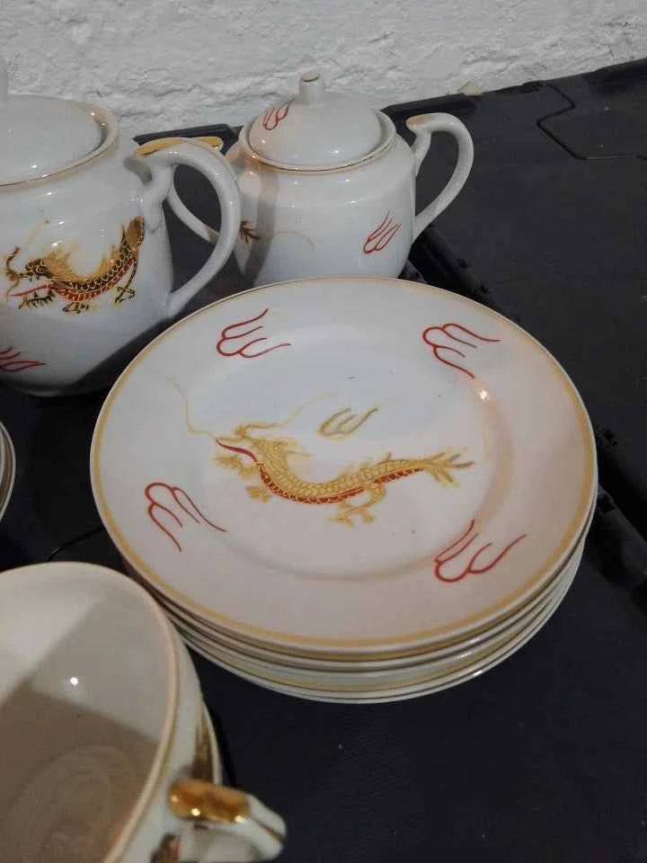 JAPANESE Vintage Geisha Girl Lithophane Eggshell Porcelain Red Dragon Tea Set