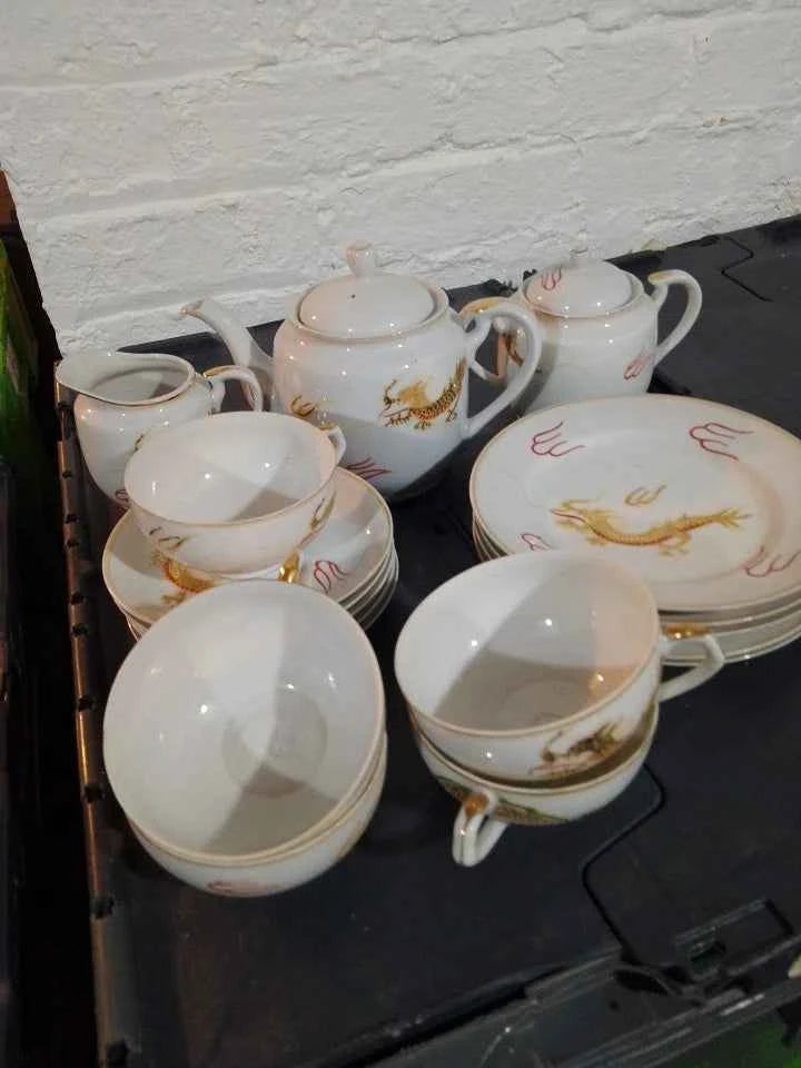 JAPANESE Vintage Geisha Girl Lithophane Eggshell Porcelain Red Dragon Tea Set