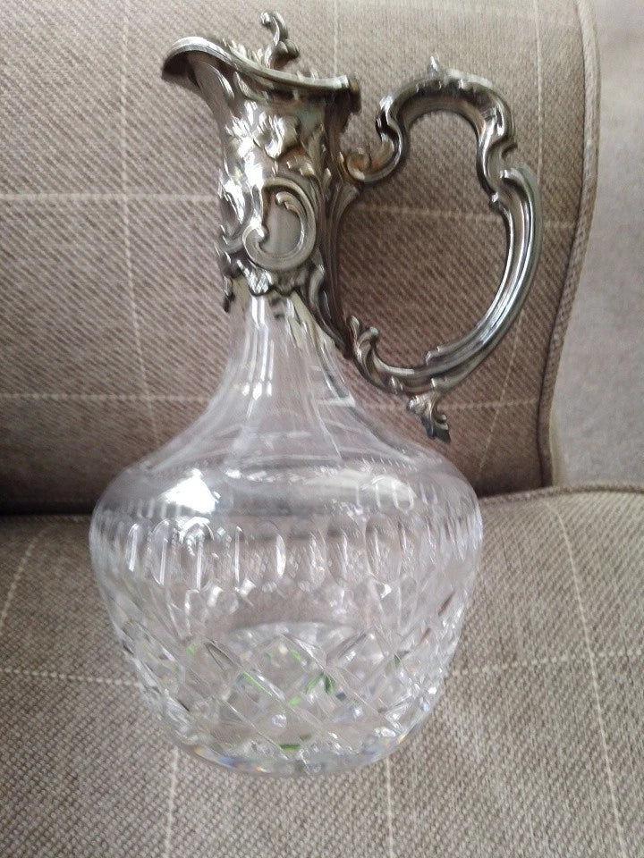 Antique Art Nouveau Crystal Silver-Plated Claret Jug Decanter Topazio