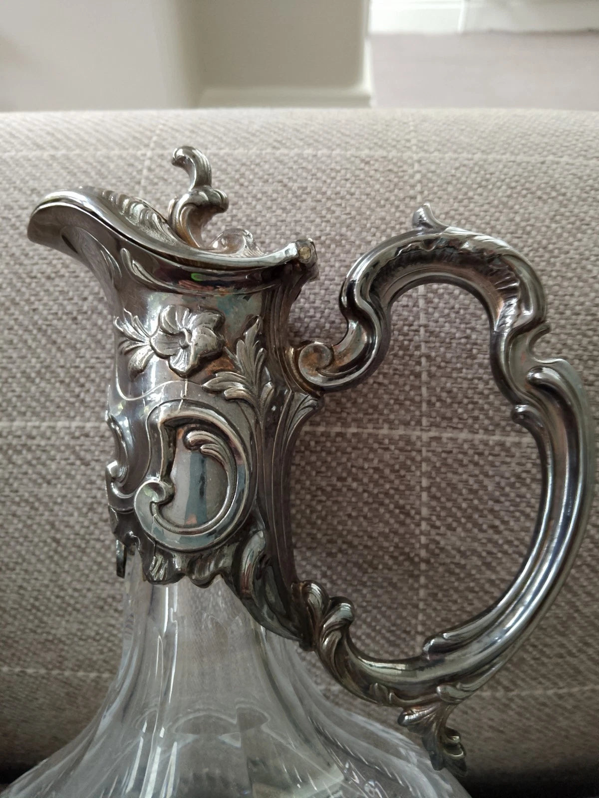 Antique Art Nouveau Crystal Silver-Plated Claret Jug Decanter Topazio