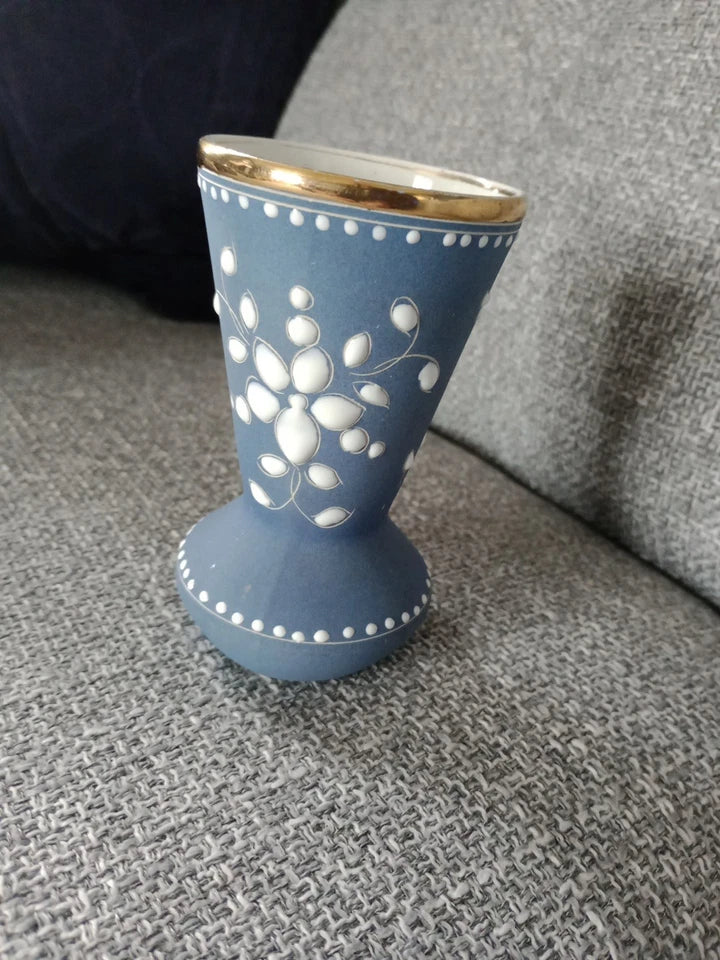 ALCOBACA Hand Painted Raised Relief Porcelain Vase Portugal #2387 12cm Vintage