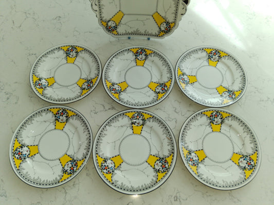 Shelley Art Deco Cake Plate And Six Matching Plate Set - Helsby Vintage