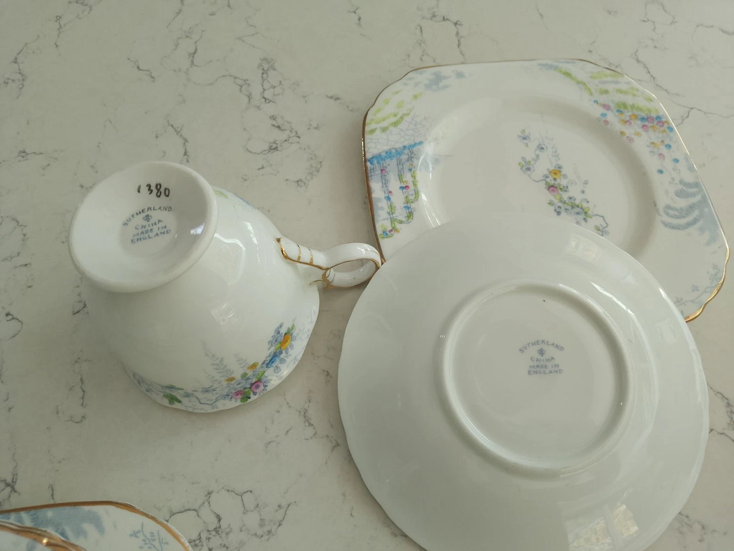 Sutherland China Trio Cup Saucer Plate RARE Handle Pattern 1380 Art Deco 1930s - Helsby Vintage