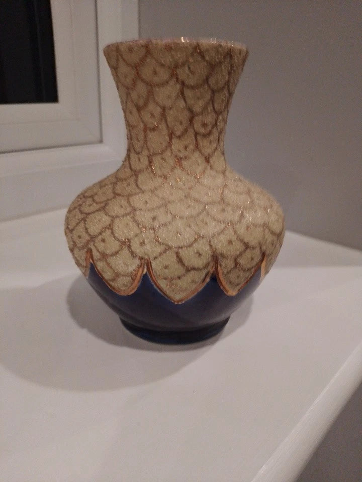 Thomas Forester majolica vase antique with textured cream and blue glaze on display