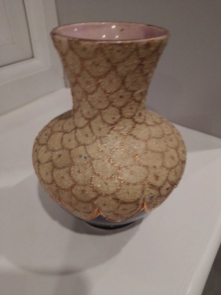 Thomas Forester majolica vase antique with textured cream and gold scalloped design and pink interior