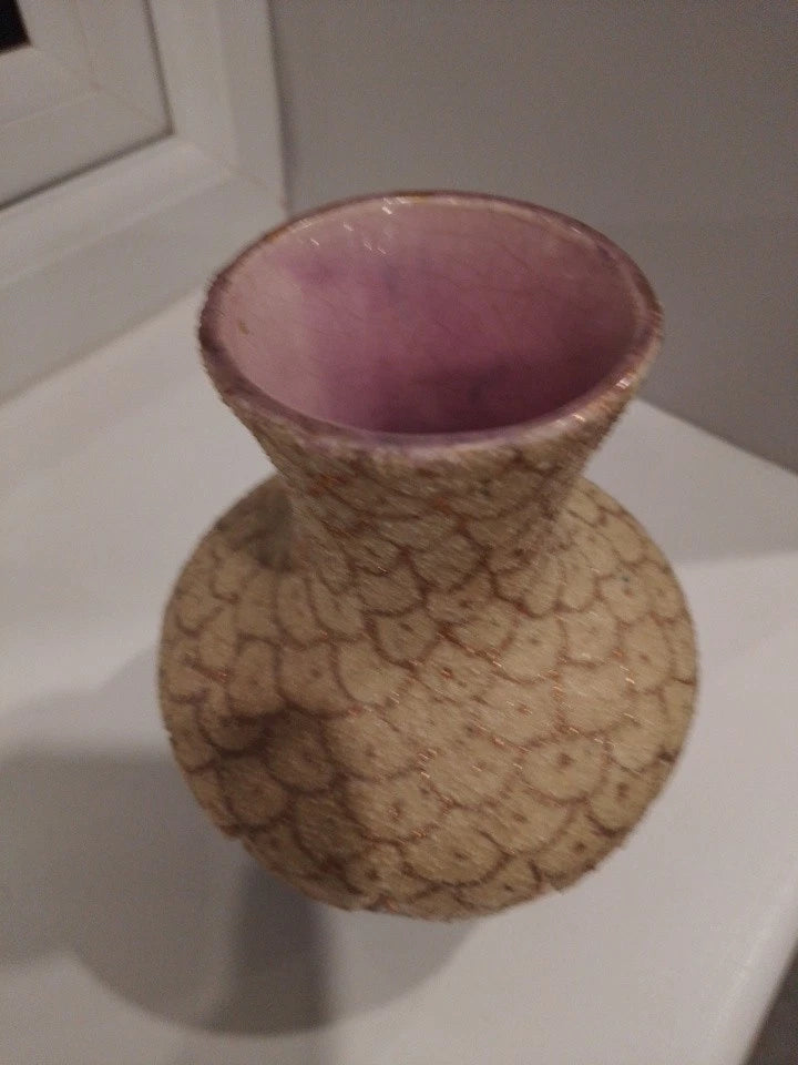 Thomas Forester majolica vase antique with textured beige exterior and smooth purple interior