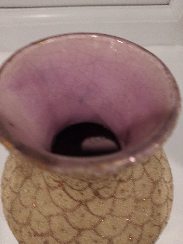 Top view of a Thomas Forester majolica vase antique with purple glazed interior and textured beige exterior