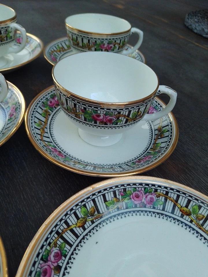 Blyth Porcelain Co Diamond China 4 Tea Cups 6 Saucers Rare Set Antique - Helsby Vintage