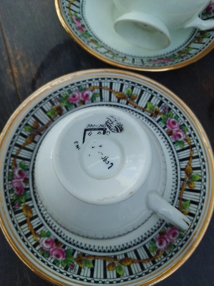 Blyth Porcelain Co Diamond China 4 Tea Cups 6 Saucers Rare Set Antique - Helsby Vintage
