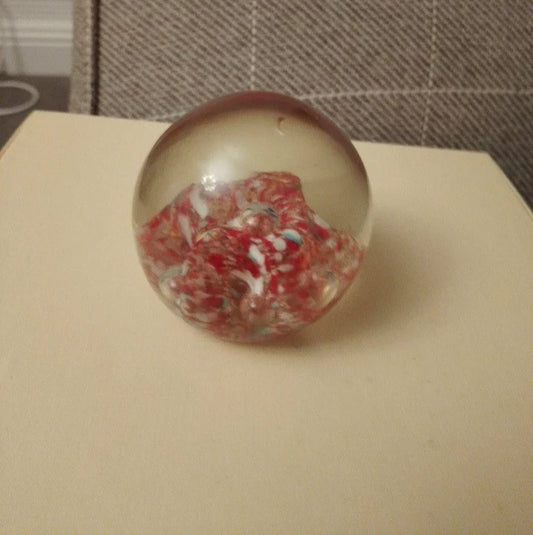 Vintage Art Glass Small Paperweight Abstract Red White 7cm Diameter - Helsby Vintage