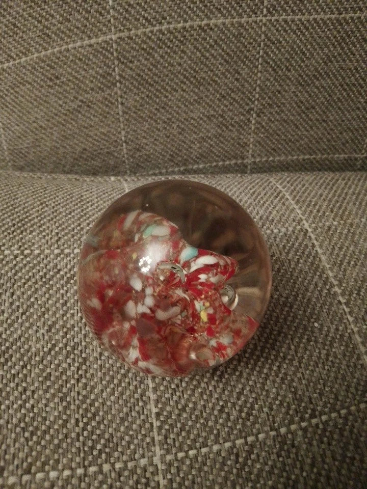 Vintage Art Glass Small Paperweight Abstract Red White 7cm Diameter - Helsby Vintage