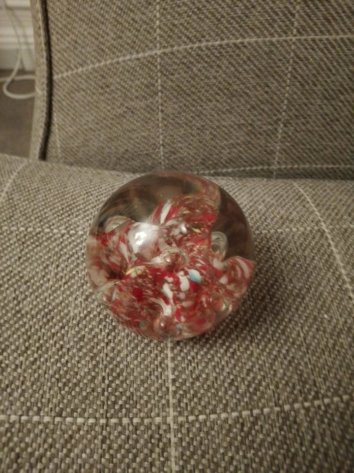 Vintage Art Glass Small Paperweight Abstract Red White 7cm Diameter - Helsby Vintage