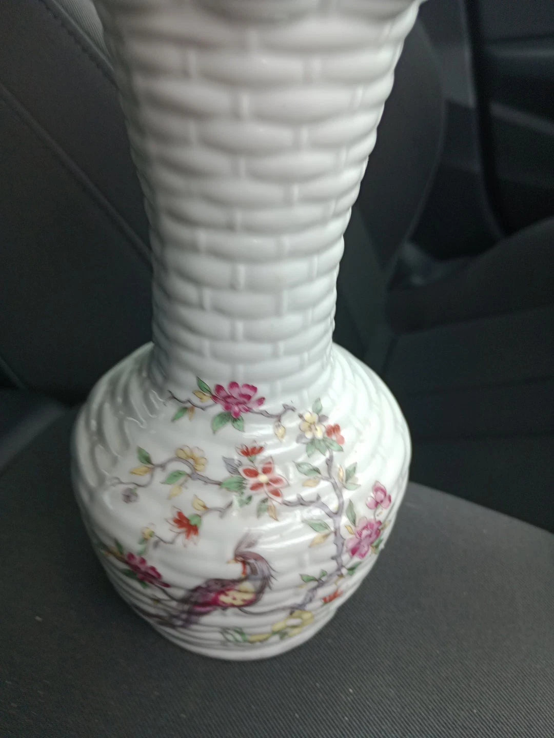 RARE Made in GDR Porcelain Vase Basket Weave Peacock 18cm Tall - Helsby Vintage