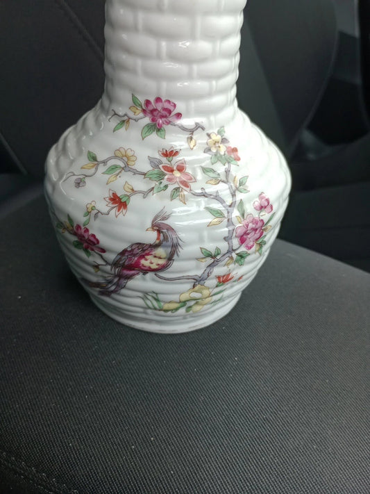 RARE Made in GDR Porcelain Vase Basket Weave Peacock 18cm Tall - Helsby Vintage