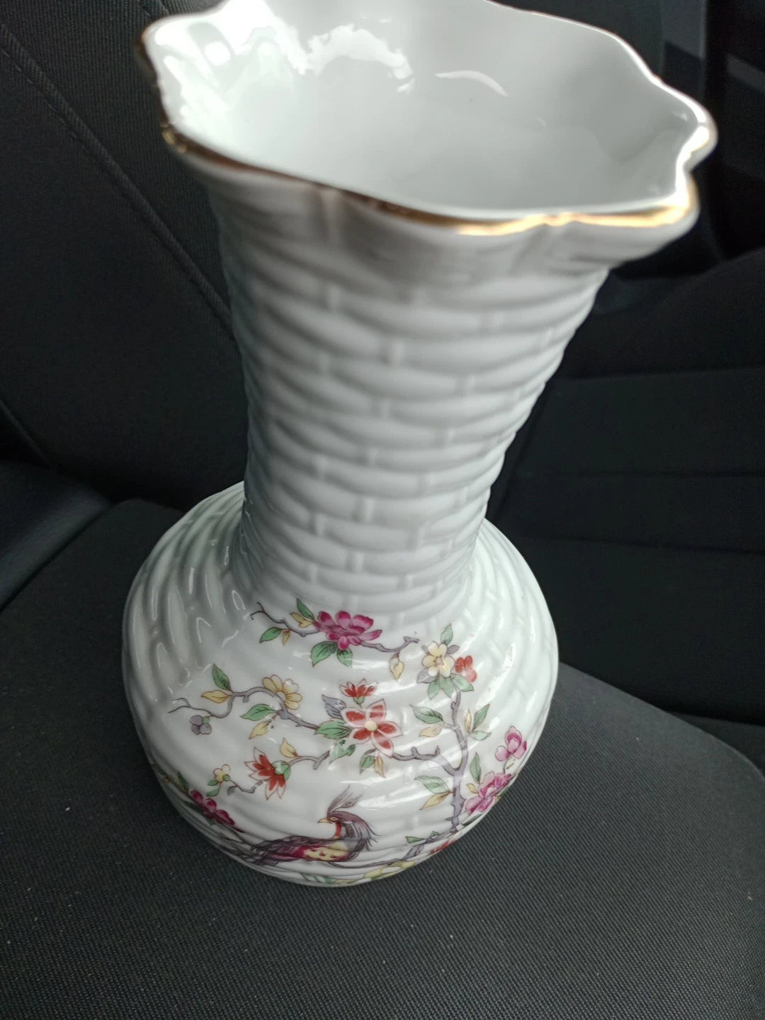 RARE Made in GDR Porcelain Vase Basket Weave Peacock 18cm Tall - Helsby Vintage