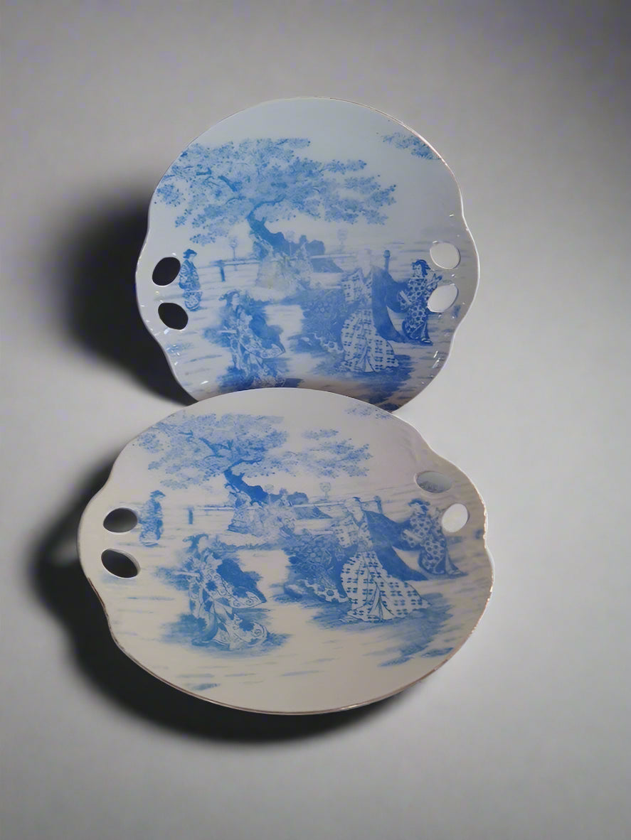 Unusual Pair Of Japanese or German Cake Bread Plates Blindfolded Man & Geisha - Helsby Vintage