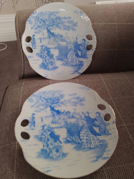 Unusual Pair Of Japanese or German Cake Bread Plates Blindfolded Man & Geisha - Helsby Vintage