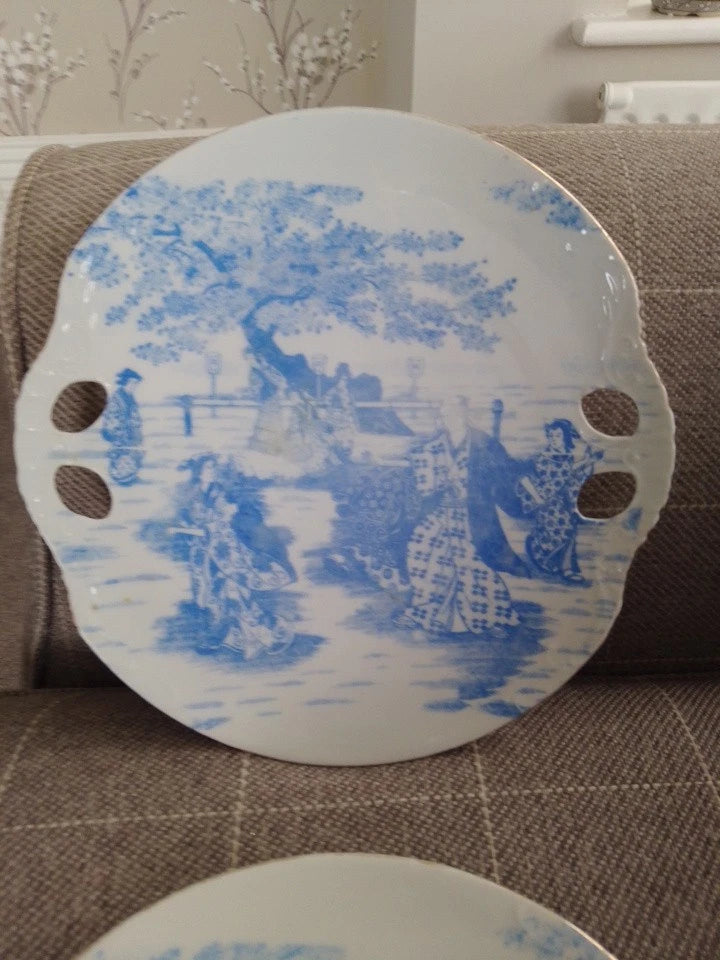 Unusual Pair Of Japanese or German Cake Bread Plates Blindfolded Man & Geisha - Helsby Vintage