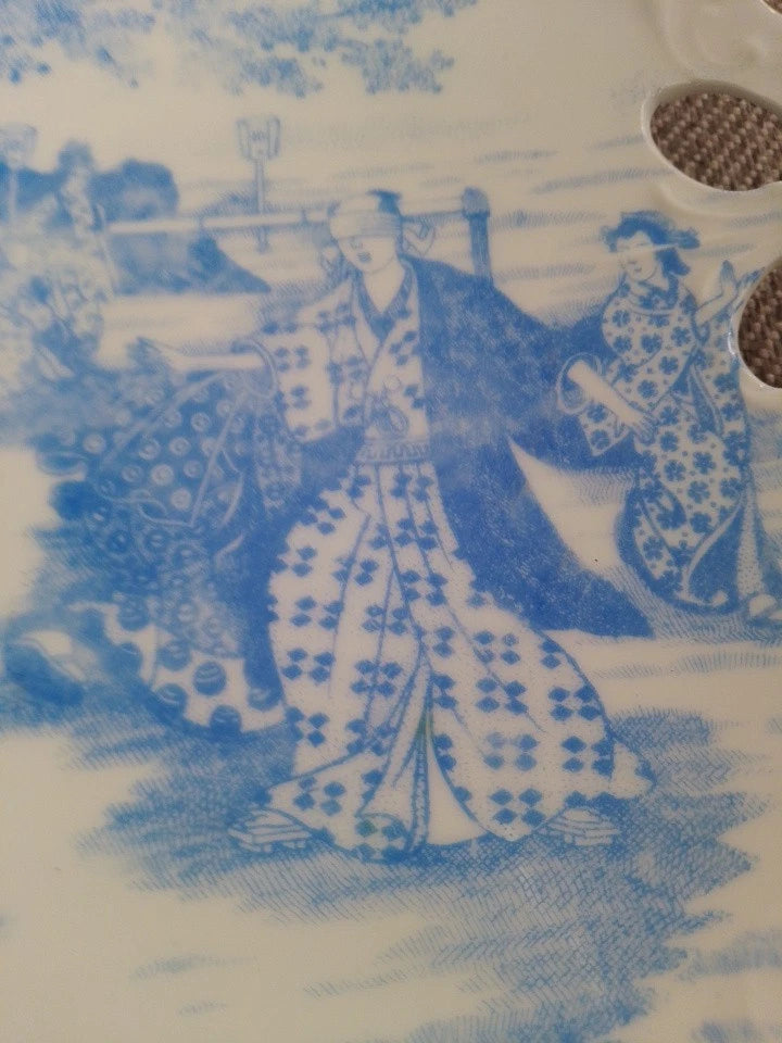 Unusual Pair Of Japanese or German Cake Bread Plates Blindfolded Man & Geisha - Helsby Vintage