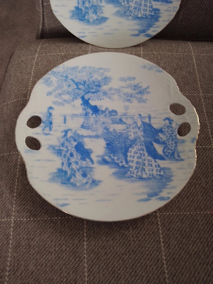 Unusual Pair Of Japanese or German Cake Bread Plates Blindfolded Man & Geisha - Helsby Vintage