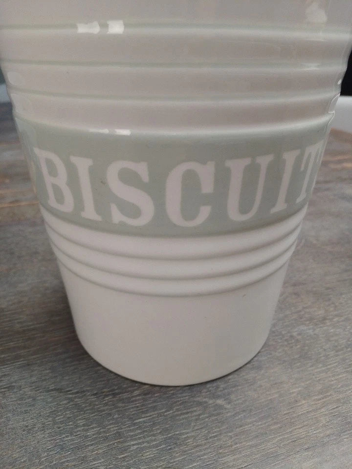 Marks & Spencer White Stripe Embossed Ceramic Lidded Biscuit Jar Vintage - Helsby Vintage