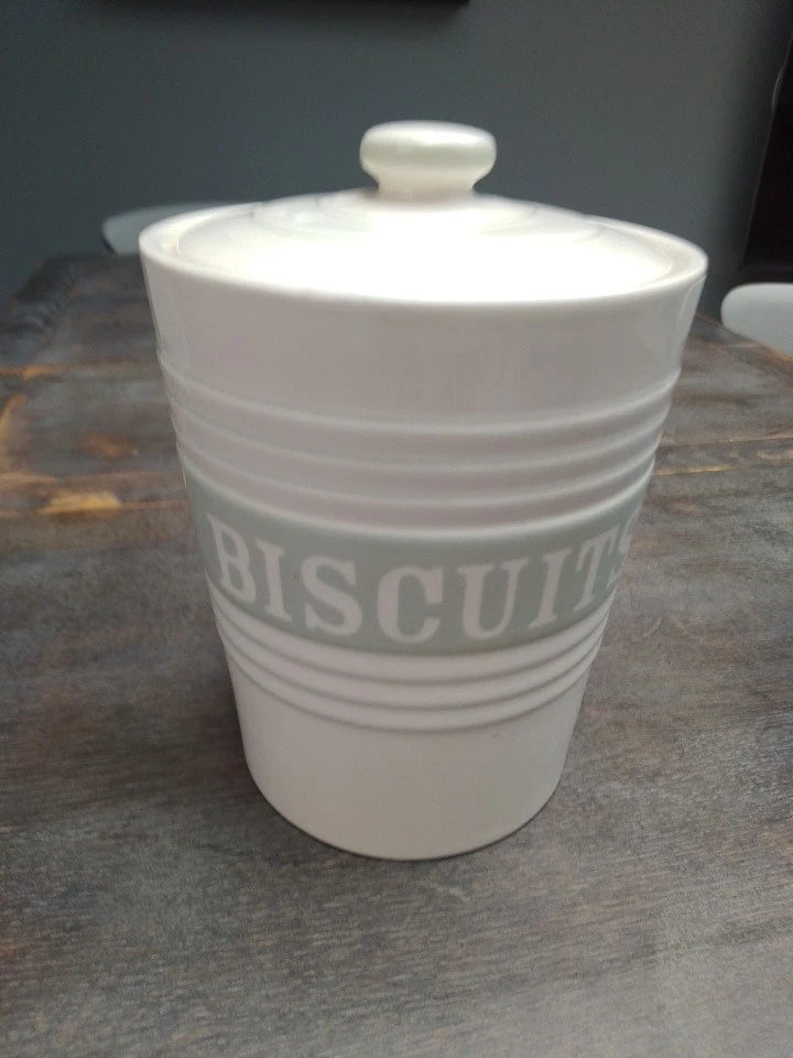 Marks & Spencer White Stripe Embossed Ceramic Lidded Biscuit Jar Vintage - Helsby Vintage